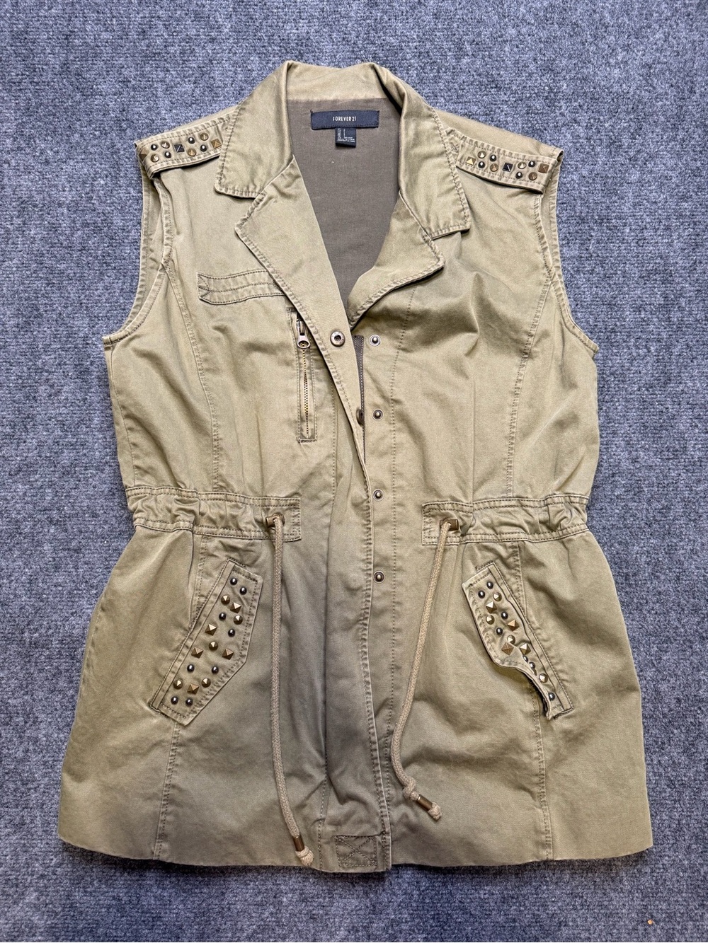 Forever 21 Olive Utility Sleeveless Vest with Studded Accents